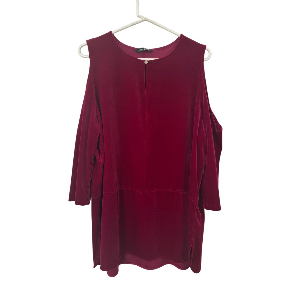 Lauren Ralph Lauren Burgundy Velvet Cold Shoulder Tunic Top Wine Red XL